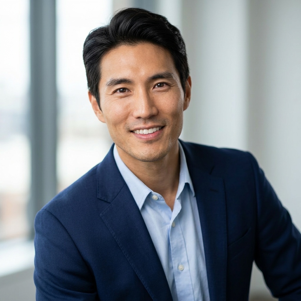 Window · Navy blazer with light blue shirt headshot example