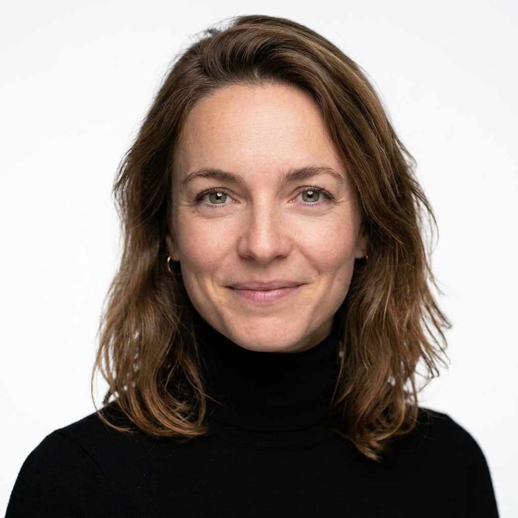 White / Pure White Studio · Fitted black turtleneck headshot example
