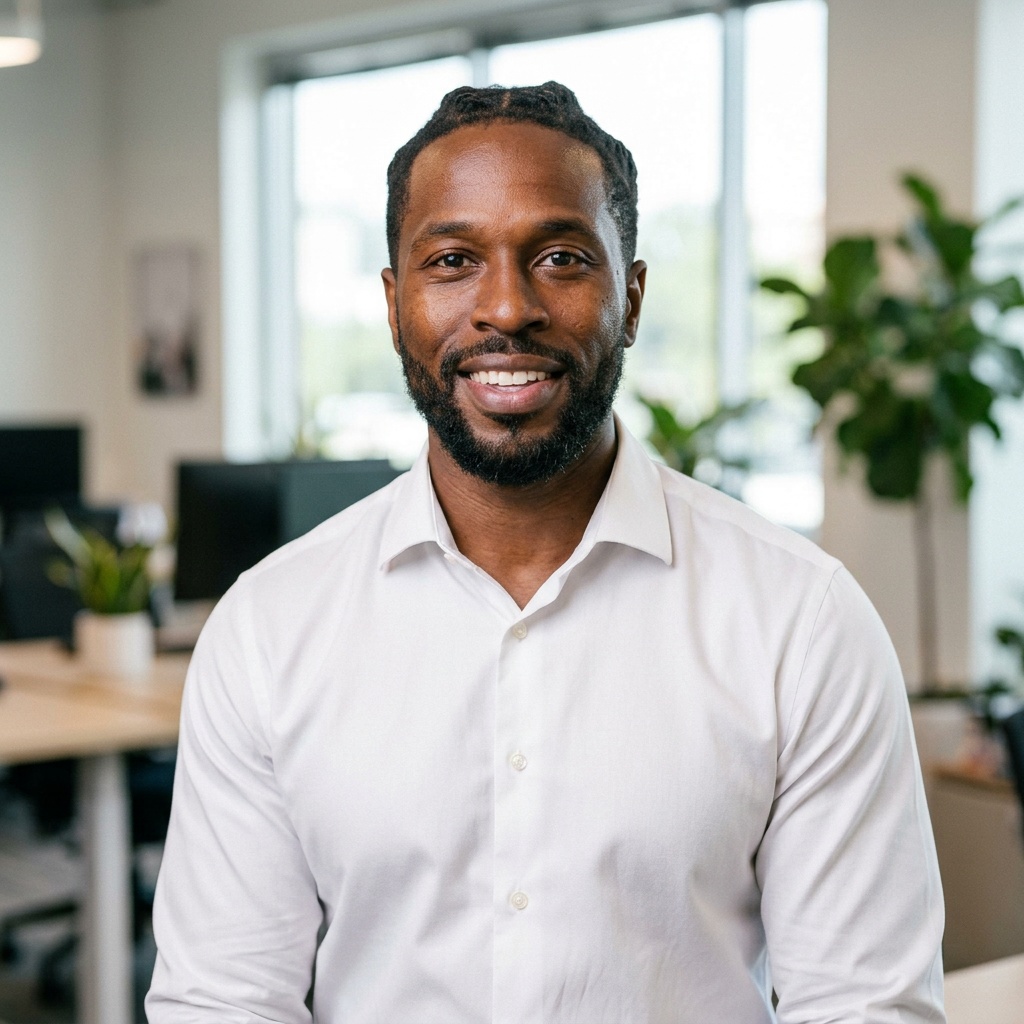 Office / Modern Office Workspace · White button-up shirt headshot example