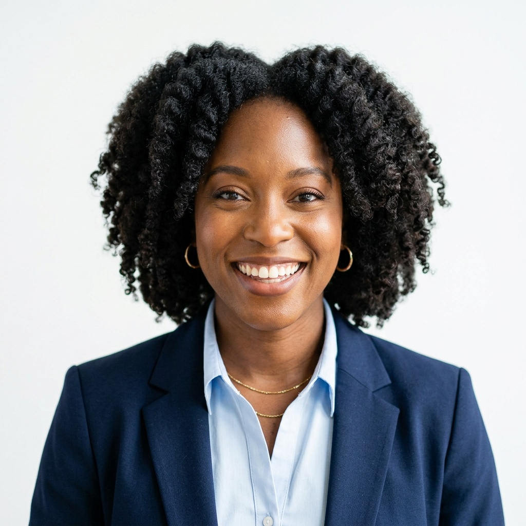 White / Pure White Studio · Navy blazer with light blue shirt headshot example