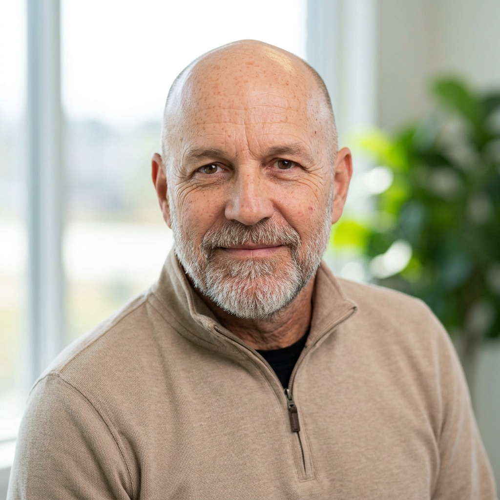 Window · Beige quarter-zip pullover headshot example