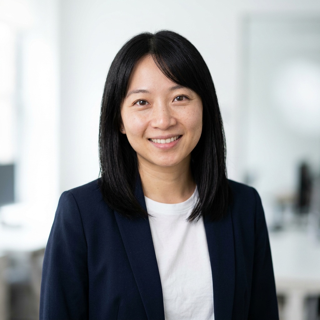 Office / Modern Office Workspace · Open navy blazer over simple white tee headshot example