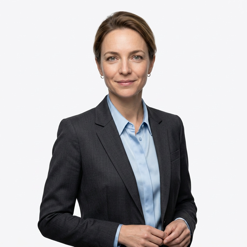 Clean White Studio · Charcoal Suit with Pale Blue Shirt headshot example