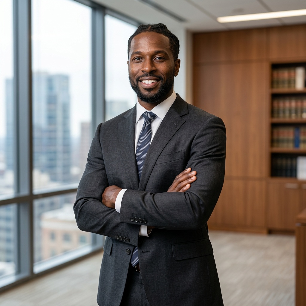 Blurred Courtroom · Dark Litigation Suit headshot example