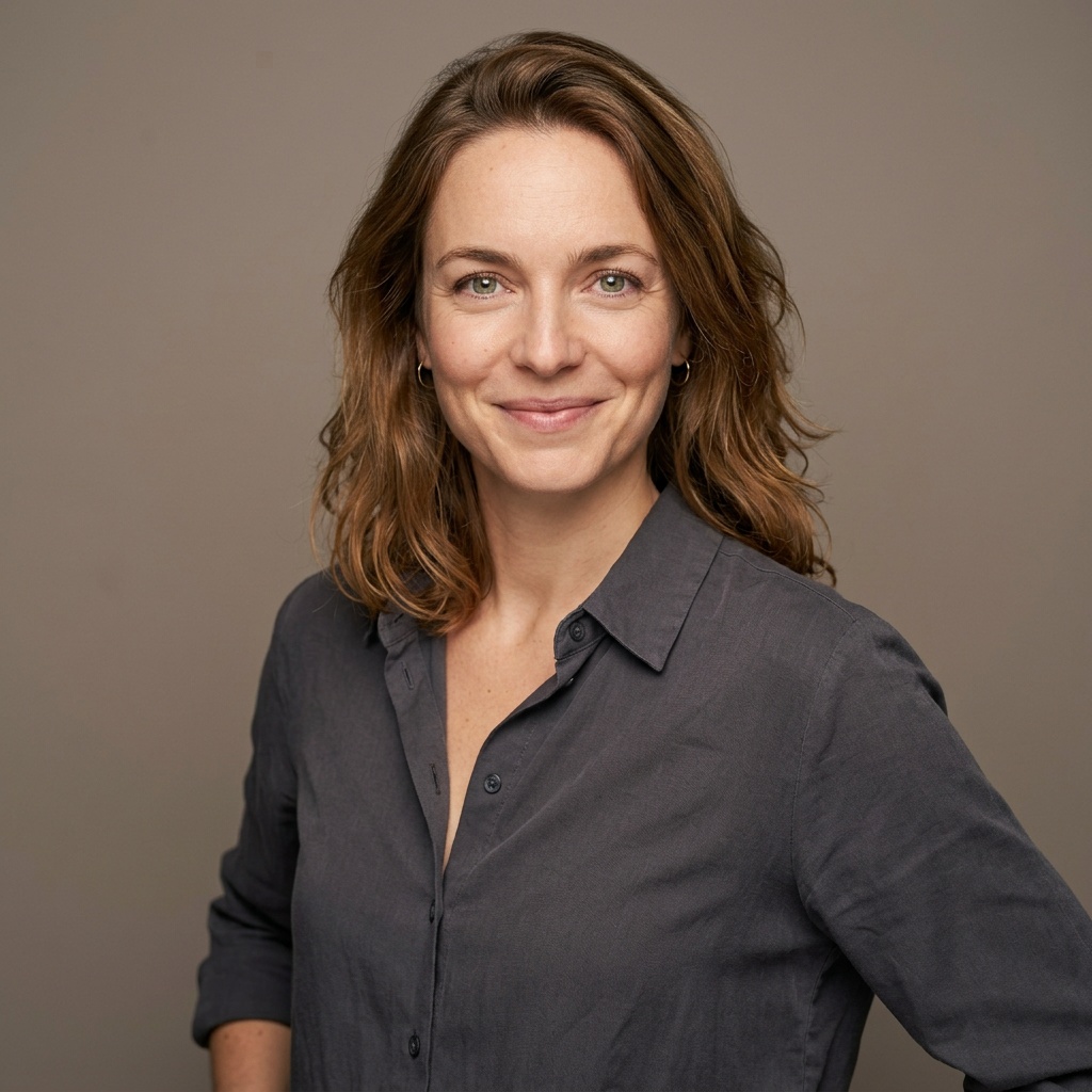 Warm Grey Studio Sweep · Charcoal Button-Up with Dark Pants headshot example