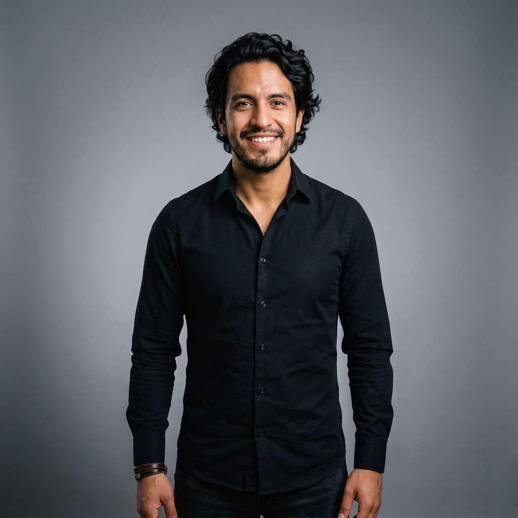 Neutral Mid-Grey Gradient Seamless · Dark Button-Up or Simple Black Top headshot example