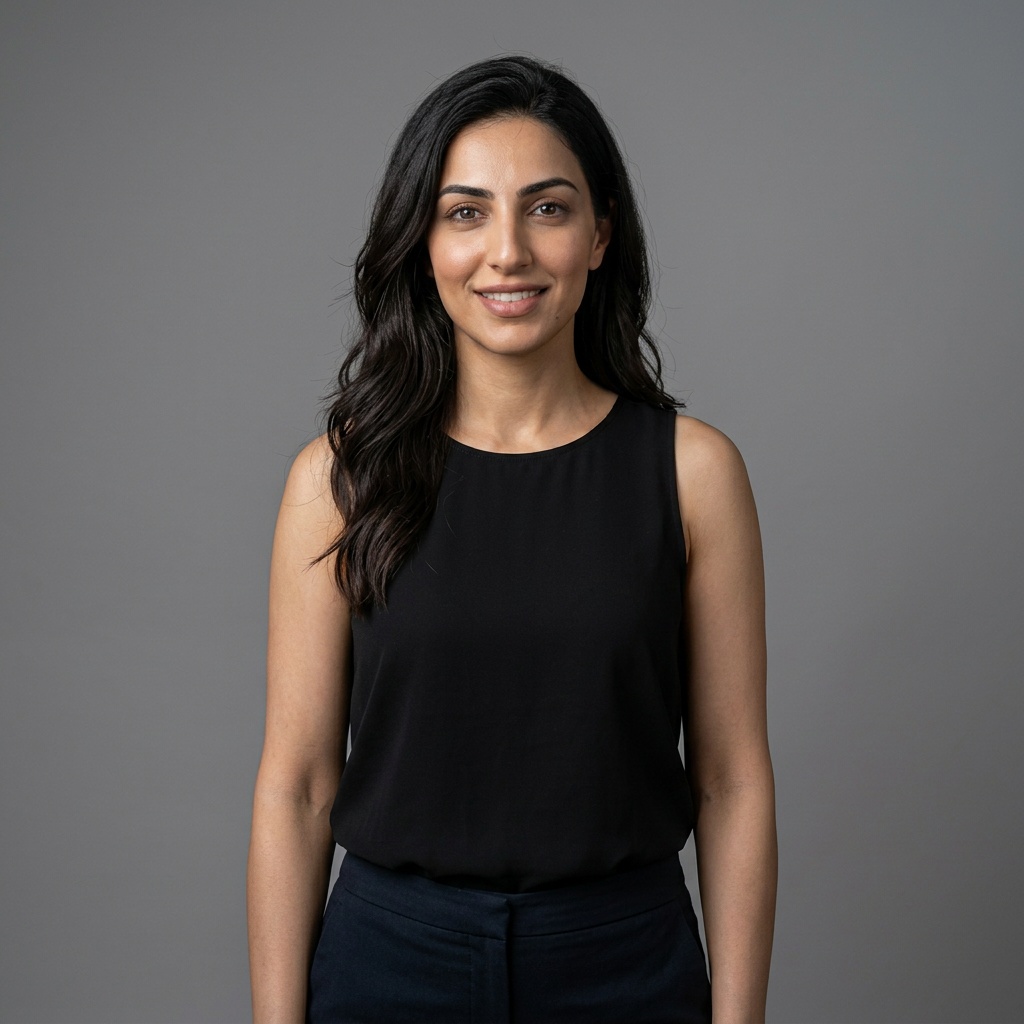 Neutral Mid-Grey Gradient Seamless · Black Sleeveless Shell / Simple Black Top headshot example